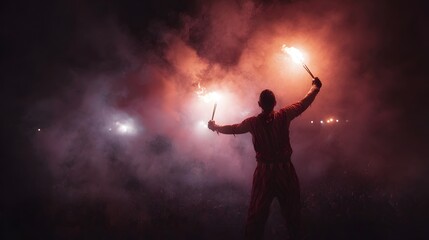 Performer holding bright flares amidst smoke and crowd at a night festival