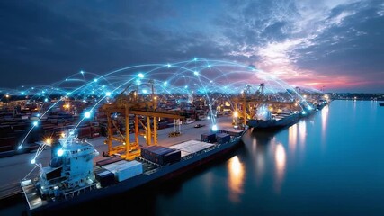 Busy seaport at dusk with cargo ships and cranes, lights reflecting on the water, overlaid by glowing blue network lines. - Powered by Adobe