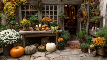 A cozy autumn garden with pumpkins, gourds, and fall flowers, decorated for the season.