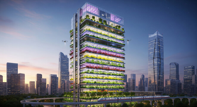 A futuristic skyscraper serves as a vertical farm, integrating sustainable agriculture into a modern, bustling city skyline at dusk. - Powered by Adobe