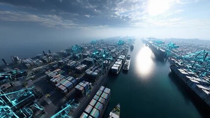 Futuristic cargo port with glowing cyan cranes and endless rows of shipping containers along a vast harbor. - Powered by Adobe