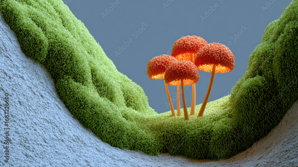 Poster the bottom, a mystical forest filled with glowing mushrooms illuminated by soft light, creating an e