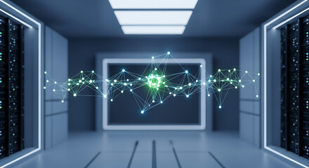 Data center with servers and a glowing network visualization in a modern blue environment ai generated