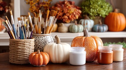 A cozy craft corner with pumpkins, paint pots, and brushes, ideal for a fall DIY project.