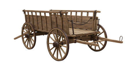 Fototapeta premium FARMING - Vintage wooden wagon with four spoke wheels and railing, isolated on white background, rustic farm cart perfect for historical or agriculture themes