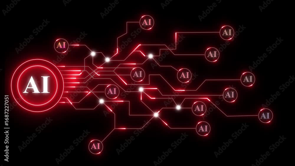 Poster ai network with red glowing circuit board and ai nodes artificial intelligence. ai with red glowing 