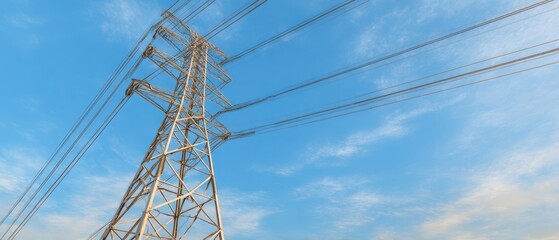 The towering electricity structure against a clear blue sky with power lines.