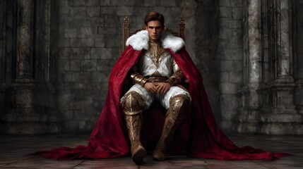 A regal king sits on a grand throne in a medieval stone hall exuding power and majesty