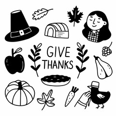 Thanksgiving Line Art Set &ndash; Turkey, Pumpkin Pie, Cornucopia, Autumn Leaves & Family Dinner Scenes
