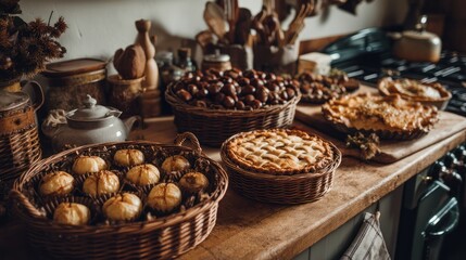 A cozy kitchen scene with autumn-themed foods like baked apples, roasted chestnuts, and seasonal pies.