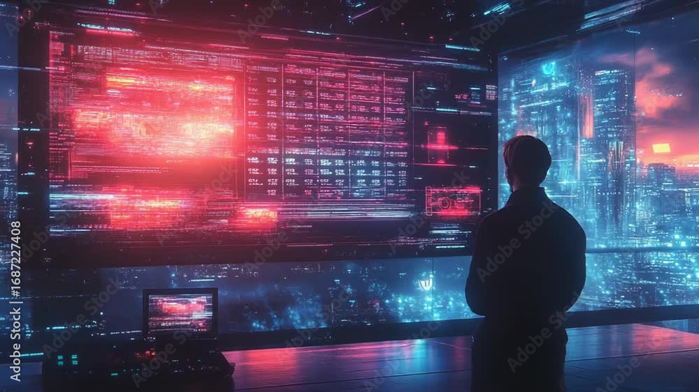 Poster programmer working on futuristic computer in cyberpunk city