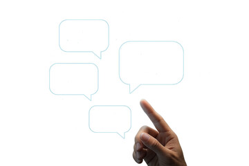 Hand interacting with digital speech bubbles on a transparent background with pixelated effect overlayed