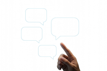 Hand interacting with digital speech bubbles on a transparent background with pixelated effect overlayed