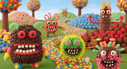 Colorful candy monsters frolic in a whimsical sweet world, perfect for fun, fantasy, and playful designs