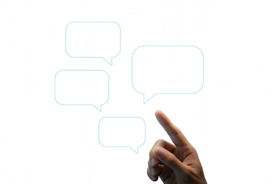 Hand interacting with digital speech bubbles on a transparent background with pixelated effect overlayed