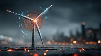 Wind Turbine with Futuristic Digital Interface against a Dynamic Energy Data Visualization