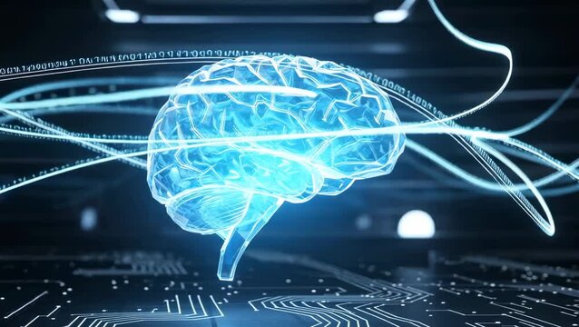 Video of Mind over Matter: A luminescent brain, glowing with ethereal energy, nestled amidst a circuit board, symbolizing intelligence, innovation, and the power of thought. - 4K
