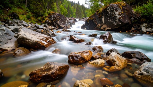 A serene mountain stream flowing over smooth rocks