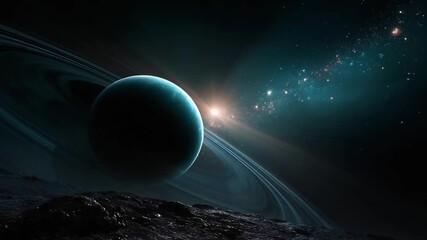 Ringed planet over a cratered moon, with a bright glow behind and a distant star field and nebula in the background - Powered by Adobe