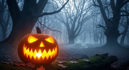 Spooky Halloween jack o lantern glowing in a mysterious foggy forest at night