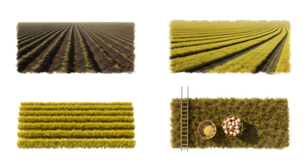 FARMING - Aerial view of cultivated fields with rows of crops and harvesting equipment, showcasing agricultural farming techniques and rural landscape