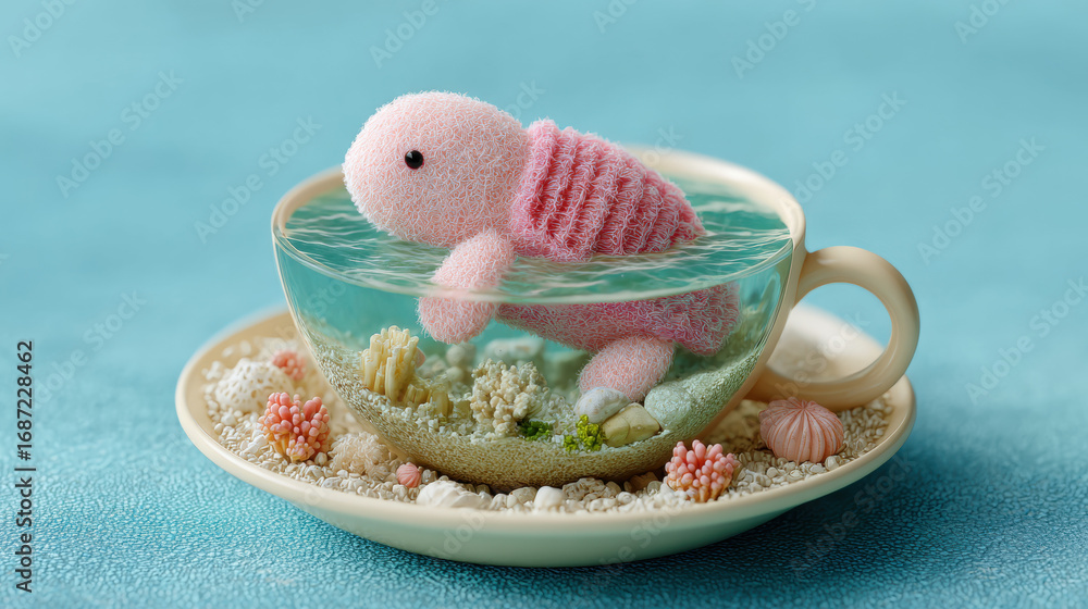 Poster the bottom, a small creature is hiding at the bottom of a teacup, creating a whimsical and intriguin