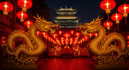 Golden dragons and red lanterns illuminate a traditional chinese temple at night