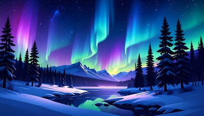 A vibrant winter landscape under a stunning aurora borealis display
