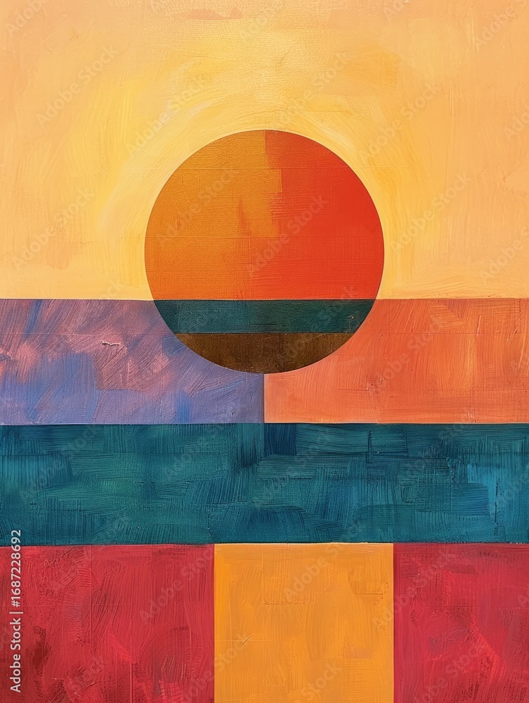Poster abstract full-circle sun in centered over alternating stripes. below blocky design represents the la