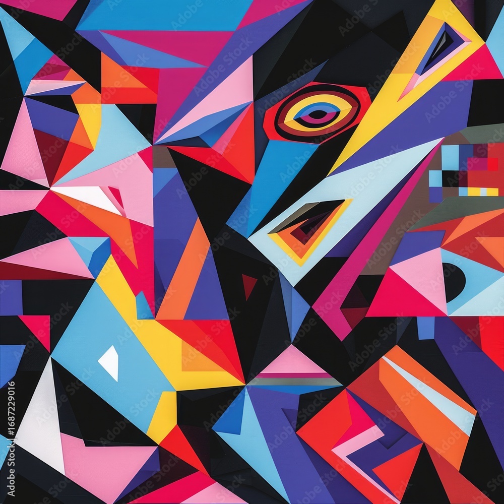 Poster the image showcases a vibrant and abstract geometric pattern filled with sharp, angular shapes