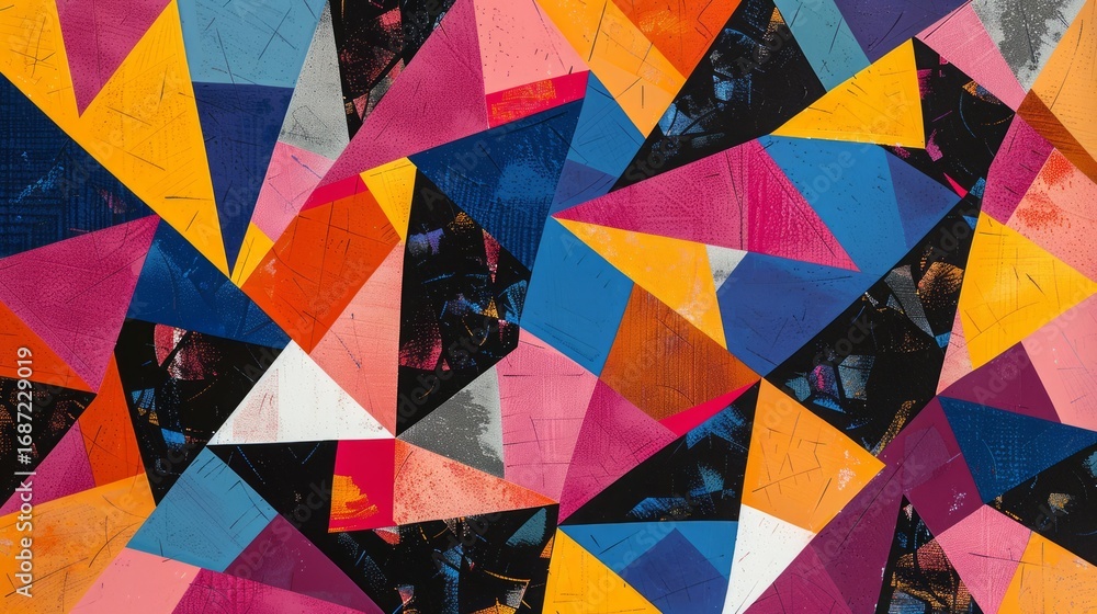 Poster the image showcases a vibrant and abstract geometric pattern filled with sharp, angular shapes