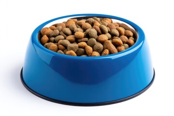 Blue metal dog food bowl filled with kibble