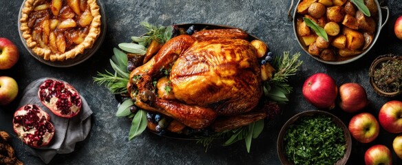 The Turkey Centerpiece Surrounded by Rustic Autumn Sides and Festive Holiday Foods