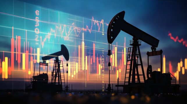 Oil Pump Jacks Working Against a Financial Chart Backdrop - Powered by Adobe
