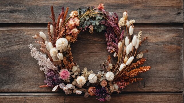 A creative autumn wreath made of dried flowers, branches, and fall foliage, perfect for the season. - Powered by Adobe
