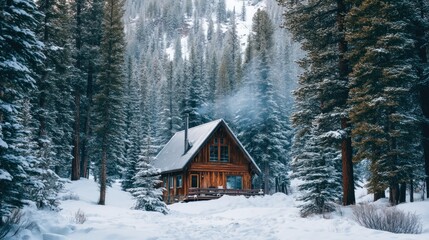A cozy winter cabin surrounded by snow and pine trees, with smoke coming out of the chimney.