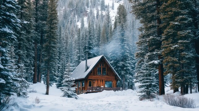 A cozy winter cabin surrounded by snow and pine trees, with smoke coming out of the chimney.
