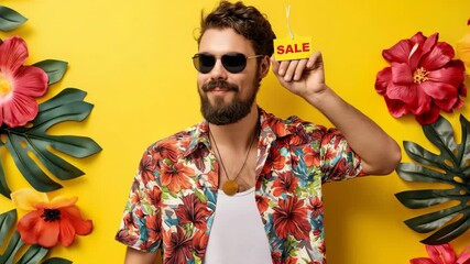 Cheerful tropical sale promotion with smiling man in floral shirt holding tag