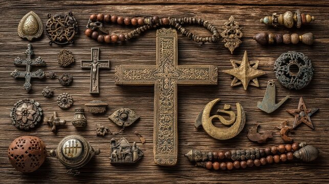 A cross surrounded by other religious symbols, symbolizing a journey of interfaith understanding and respect.