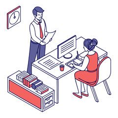 Man holding document stands near woman working on computer and graphics tablet in modern office setting