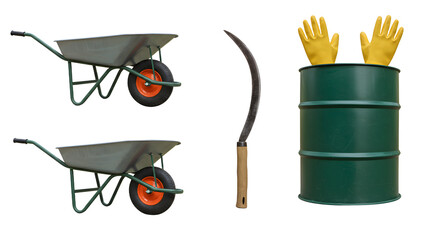 FARMING - Gardening tools including two wheelbarrows, a sickle, and a green barrel with yellow gloves, ideal for outdoor garden work and maintenance