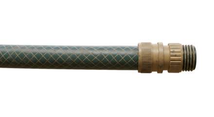 FARMING - Green garden hose with brass connector against white background, perfect for watering plants
