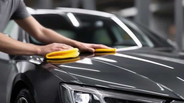 A person buffing a dark car's hood with a yellow polishing pad.