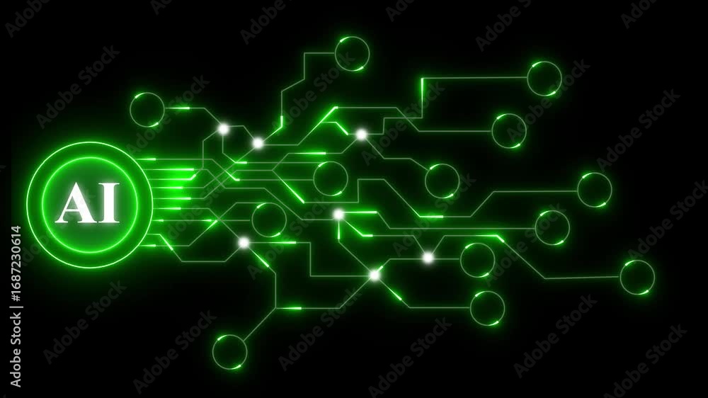 Poster glowing green ai circuit board with neon lines and circles artificial intelligence. ai and circuit n