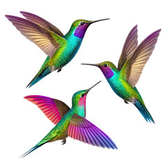 Obraz premium Three vibrant iridescent hummingbirds in flight with colorful wings and bodies isolated on transparent background