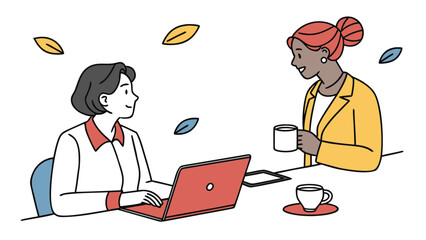 Two diverse women collaborating at a desk with a laptop and coffee cups surrounded by falling leaves