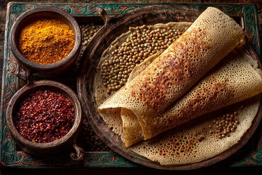 Authentic Ethiopian meal featuring injera bread, lentil stew, and aromatic spices, ideal for ethnic cuisine promotions and cultural food experiences