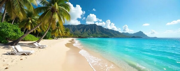 Relaxing on a pristine Hawaiian beach, turquoise water laps gently at the shore, palm trees sway in the warm breeze Perfect tropical getaway vibes , greenery, tranquil, summer