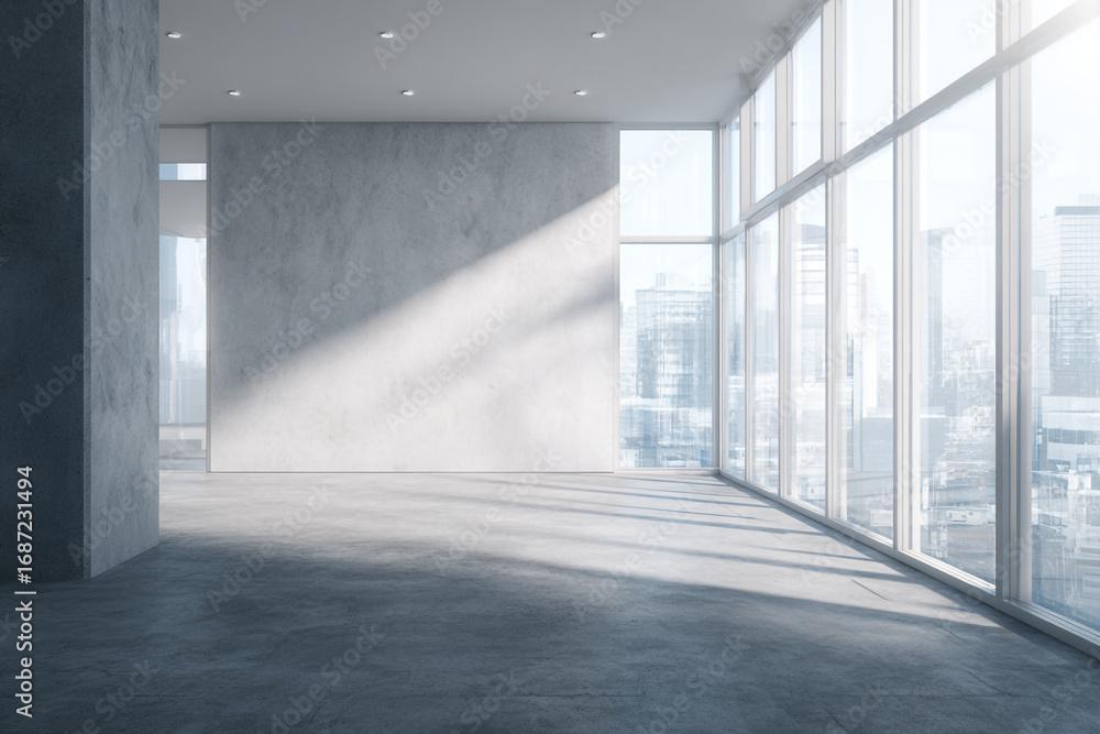 Poster sunlit empty modern office space with city view large windows and concrete walls and floor