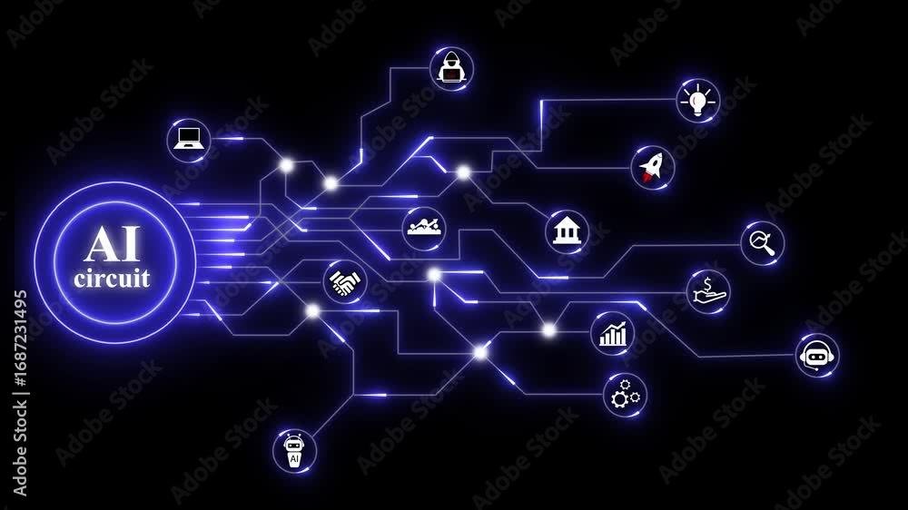 Aufkleber blue ai circuit with technology icons and neon connections artificial intelligence. ai and circuit t